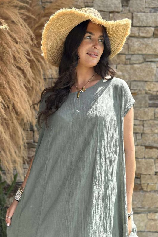 Made in Italy Sa Caleta Cotton Cap Sleeve Pocket Midaxi Dress Khaki